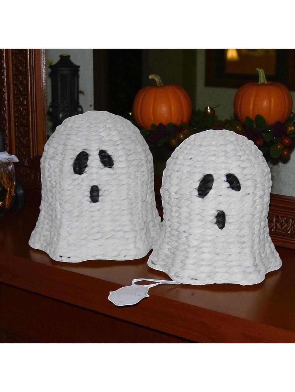 White Wicker Nesting Ghosts Set 9 and 11 inch Rustic Halloween Decor Cottage NEW
